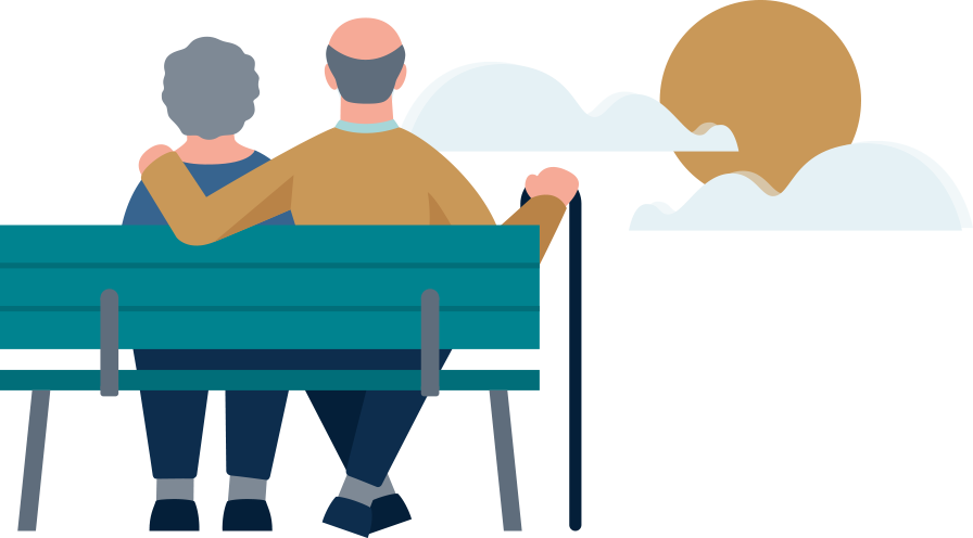 Un couple âgé regarde le soleil depuis un banc