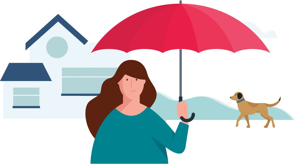Une femme protège son chien et sa maison avec un grand parapluie